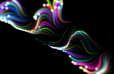 Multicolored flowing particles on black background. Illustration.