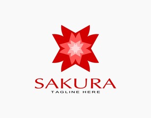 Fototapeta premium Modern natural Cherry blossoms flower logo. Sakura icon with red and pink. A suitable vector illustration for business, soap, perfume, salon, spa.