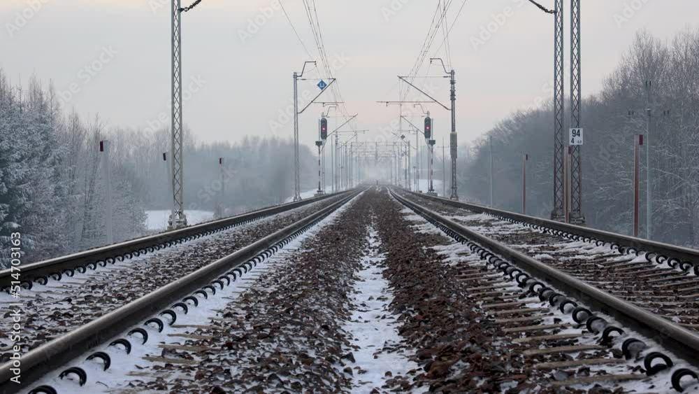 Poster Railway tracks near station in Rogow village, Lodz Province of Poland, 4k video