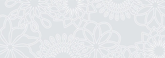 曲線で描いた花柄風のバナーデザインE2【白地／ライトグレー】
