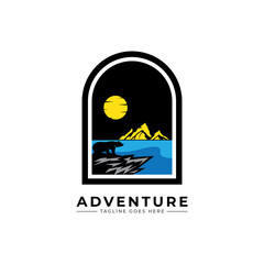 Adventure logo. Outdoor expedition typography, poster with mountains and pine trees. Climbing, Trekking, Hiking, Mountaineering stamp, hipster wear emblem. vector