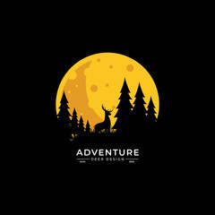 Vector set of round forest vintage logos, emblems, silhouettes and design elements. Logotype templates and badges with mountains, forest, trees,moon, deer.