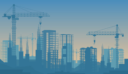 Blue skyline with modern construction site. Abstract silhouettes of building under reconstruction with scaffolds, new skyscrapers, concrete towers flat vector illustration. City development concept