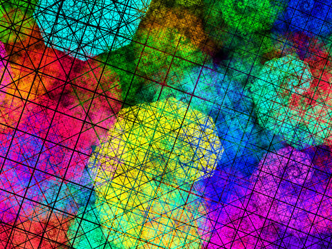 Imagen de arte geométrico digital compuesto de trazos giratorios solapados y coloridos bajo una cuadrícula negra infinita en un conjunto que muestra espirales luminosas invadiendo el perímetro.