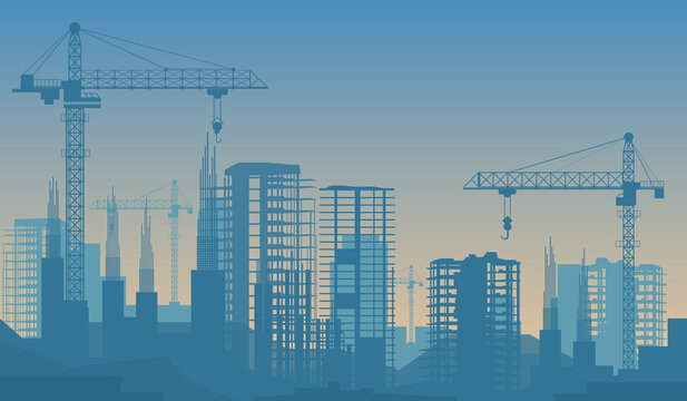 Blue skyline with modern construction site. Abstract silhouettes of building under reconstruction with scaffolds, new skyscrapers, concrete towers flat vector illustration. City development concept