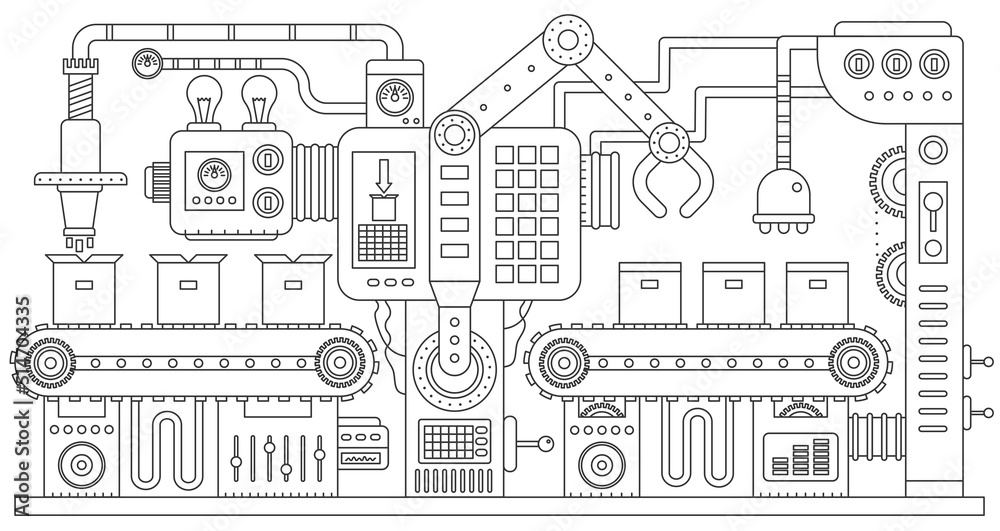 Poster industry production, manufacture and conveyor machines thin line infographic vector illustration. ab