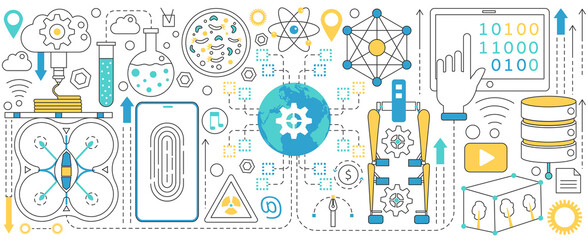 Innovation technology, thin line scientific equipment and symbols vector illustration. Abstract drone robot, phone fingerprint recognition, data center hardware, global access and surveillance