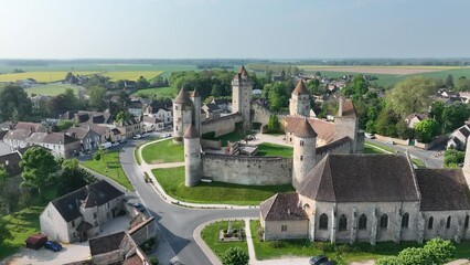 Aerial view of Blandy castle in Northern France typical feudal fortress transferred into lordly residence in Gothic style, hexagonal enclosure