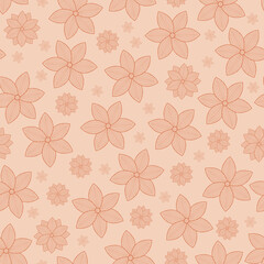 Soft modern floral seamless vector pattern. Light, natural orange color background with flower line drawing illustrations. Simple, minimal, outline design. Repeat botanical surface texture print. 