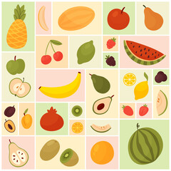 Fruit and berry sweet food from wild forest or garden set vector illustration. Cartoon summer dessert collection with apple melon strawberry blueberry peach orange in geometric collage background