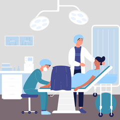 Medical care from obstetrician gynecologist to pregnant woman, childbirth in hospital vector illustration. Cartoon mom lying in hospital chair background. Medicine, obstetrics, maternity concept
