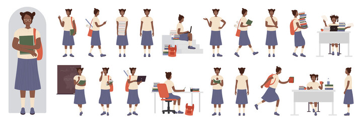 African american black girl student with glasses, laptop and school bag poses in side, front and back view set vector illustration. Cartoon clever cute female teenage holding books, standing, running