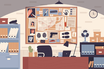 Police office interior with investigation board vector illustration. Cartoon pinboard with evidences, suspect photo and crime places on map, investigators table background. Detective bureau concept