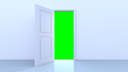 Green light inside the open door isolated on white background. Room interior design element. 3D render