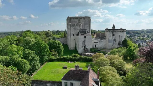Flying toward the Royal Donjon of Loches Loire Valley France, feudal medieval stronghold on a sunny spring day
