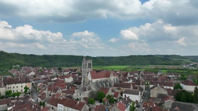 Aerial view of Noyers village in the pretty setting of the Chablis countryside on the banks of the River Serein a real-life history book With the cobbled streets lined with half-timbered houses 