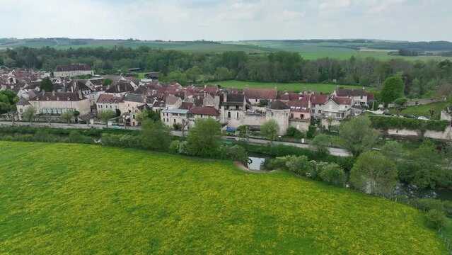 Aerial view of Noyers village in the pretty setting of the Chablis countryside on the banks of the River Serein a real-life history book With the cobbled streets lined with half-timbered houses 