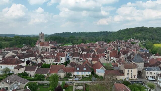 Aerial view of Noyers village in the pretty setting of the Chablis countryside on the banks of the River Serein a real-life history book With the cobbled streets lined with half-timbered houses 