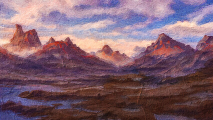 Naklejka premium painting of a sunset in the mountains on canvas