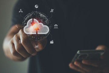 Big data analytics and business intelligence (BI) concept on a digital screen interface and a businessman working with a smartphone in the background.