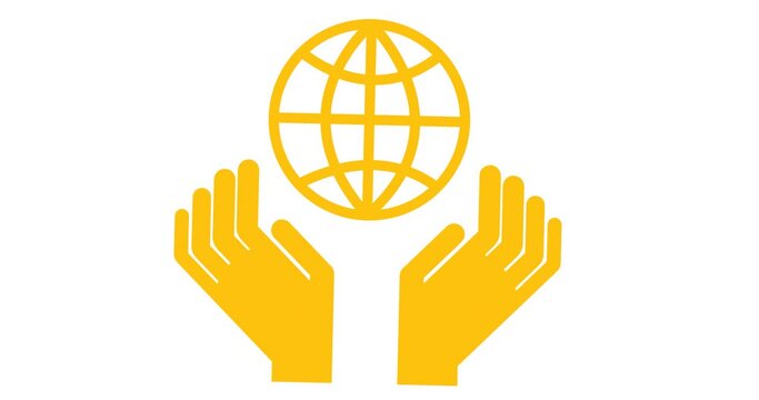 Animation of hands with globe icons over white background