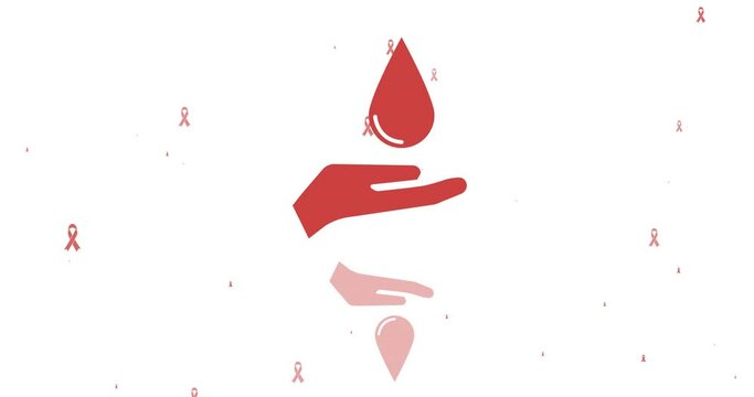 Animation of hands with waterdrop and cancer ribbons icons over white background