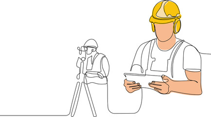 Close up of young Caucasian worker with helmet on head using tablet for work while standing in warehouse. Surveyor with a tripod icon. Geodesic tripod. Vector illustration