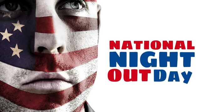 Animation of national night out day text over caucasian man with face painted in flag of usa
