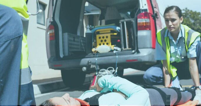 Animation of diverse paramedics with patient and ambulance