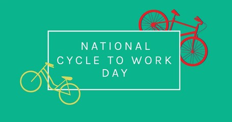 Animation of national cycle to work day text with bicycle icons on green background
