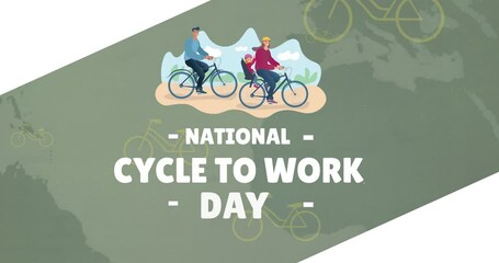 Animation of national cycle to work day text with bicycle icons on green background