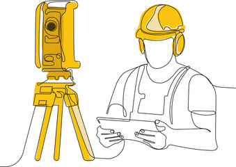 Close up of young Caucasian worker with helmet on head using tablet for work while standing in warehouse. Surveyor with a tripod icon. Geodesic tripod. Vector illustration