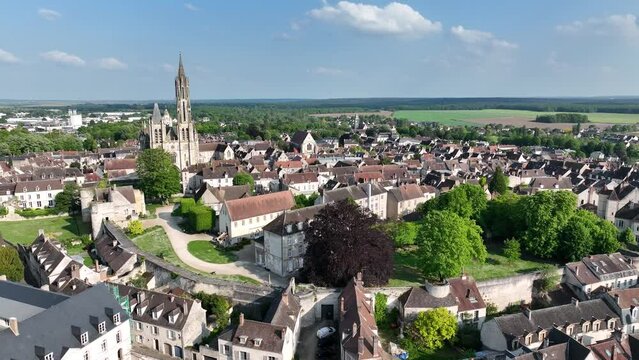 Aerial view of the medieval center of Senlis commune in the northern French department of Oise, Hautes de France. Former royal residence Gothic cathedral and other historical monuments.