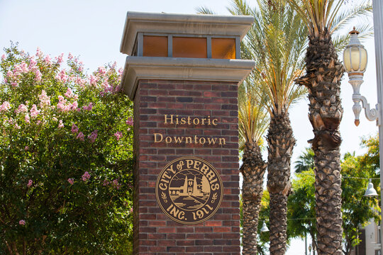 Perris, California, USA - June 6, 2022: Afternoon light shines on the historic downtown district of Perris.