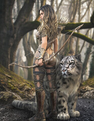 Portrait of a fantasy female woodland elf ranger standing with her pet feline, wearing leather armor and equipped with a bow and arrows. 3d rendering © Digital Storm