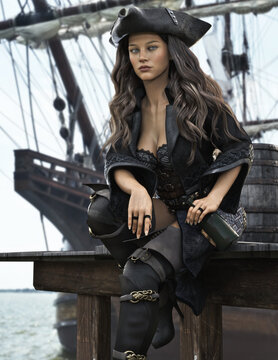 Portrait of a pirate female resting after a long journey with a bottle of ale on the side of a dock with her ship in the background. 3d rendering