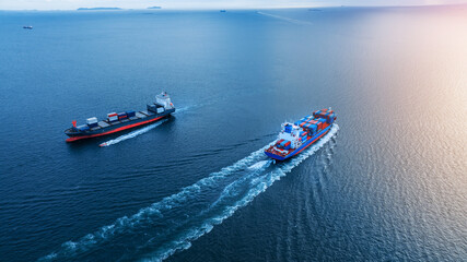 Two cargo large ship running opposite direction concept import export cargo container service and transportation in the ocean logistics and transport trade to custom forward mast