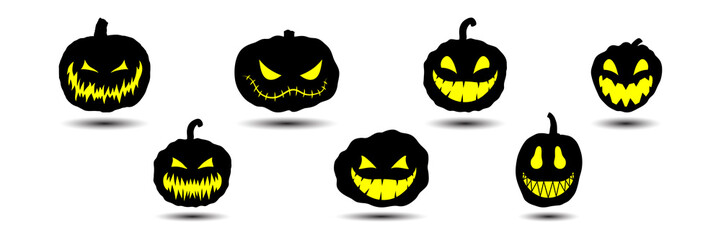Set of Halloween pumpkins with scary glowing faces. Vector flat style illustration for design poster, banner, print