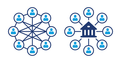 Decentralized finance and centralized finance vector icon. DeFi and CeFi digital network illustration.