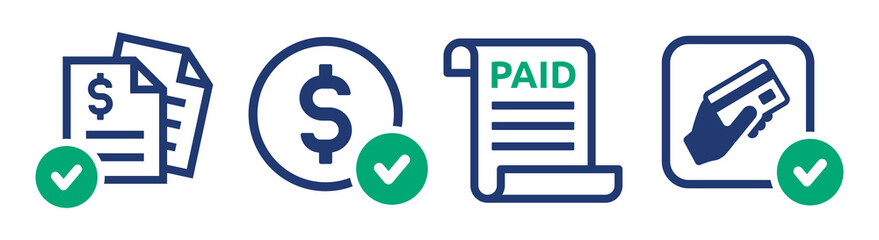 Paid icon vector set illustration. Dollar payment symbol with document and check sign.
