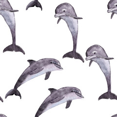Hand drawn watercolor seamless pattern with dolphin. Sea ocean marine animal, nautical underwater endangered mammal species. Blue gray illustration for fabric nursery decor, under the sea prints.