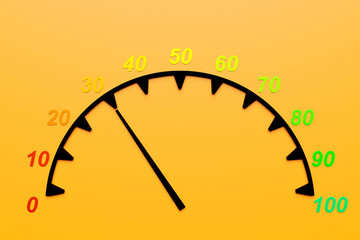3d illustration of speed measuring speed icon. Colorful speedometer icon, speedometer pointer points to  40
