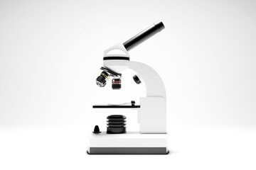Realistic 3d microscope on white background, laboratory equipment. Microscope for laboratory research