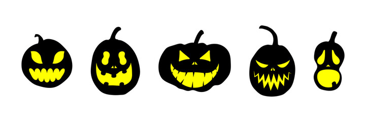 Set of Halloween pumpkins with scary glowing faces. Vector flat style illustration for design poster, banner, print