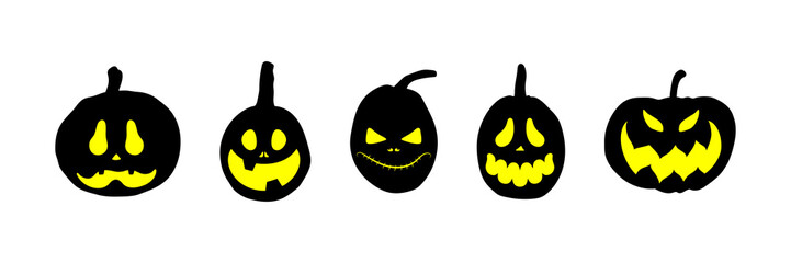 Set of Halloween pumpkins with scary glowing faces. Vector flat style illustration for design poster, banner, print