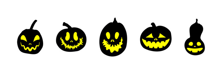 Set of Halloween pumpkins with scary glowing faces. Vector flat style illustration for design poster, banner, print