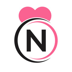 Initial Letter N Logo with Love Icon or Heart Sign In Modern Style Vector Template