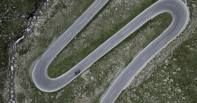 Serpentine Road on Passo Rombo in Austria. Hairpin road seen from above