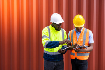 Container operator holding a tablet to do his routine inspection while working in container yards.