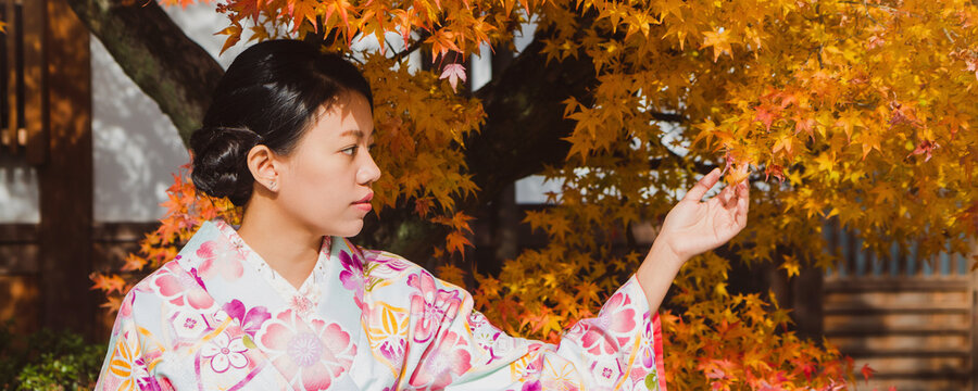 Asian woman wearing beautiful kimono walking and travel in the Japanese garden with red maple leaves In the autumn and fall season background.